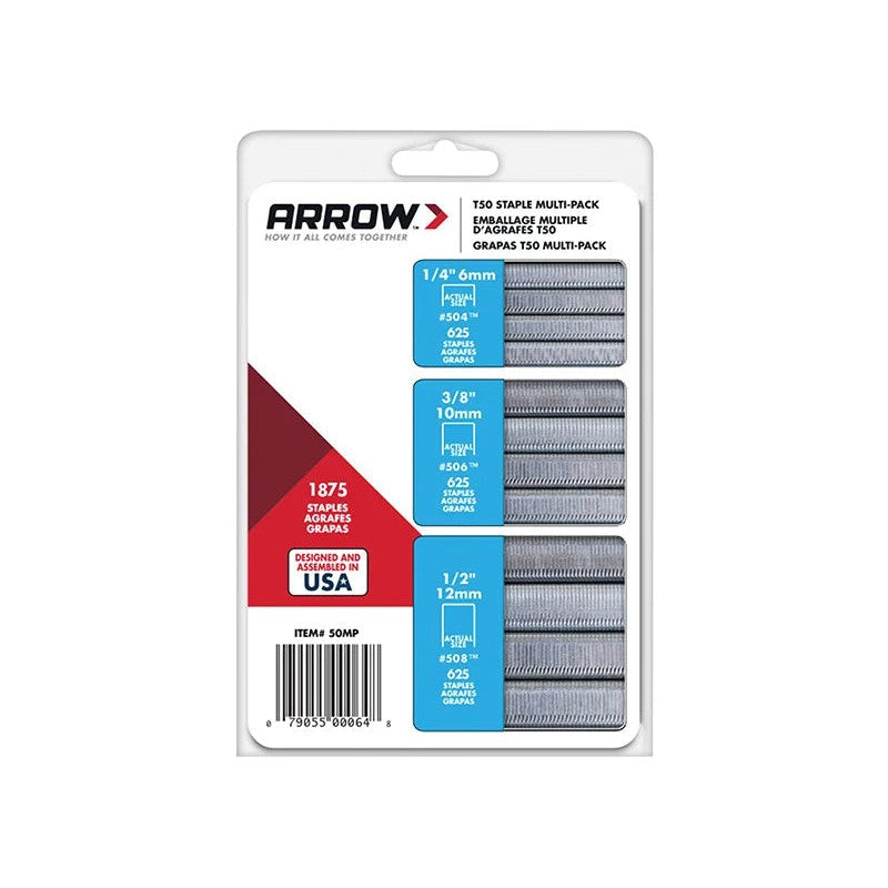 Arrow T50 Staples Multi Pack 6mm 10mm & 12mm (Box 1875, 3 x 625) - A50MP