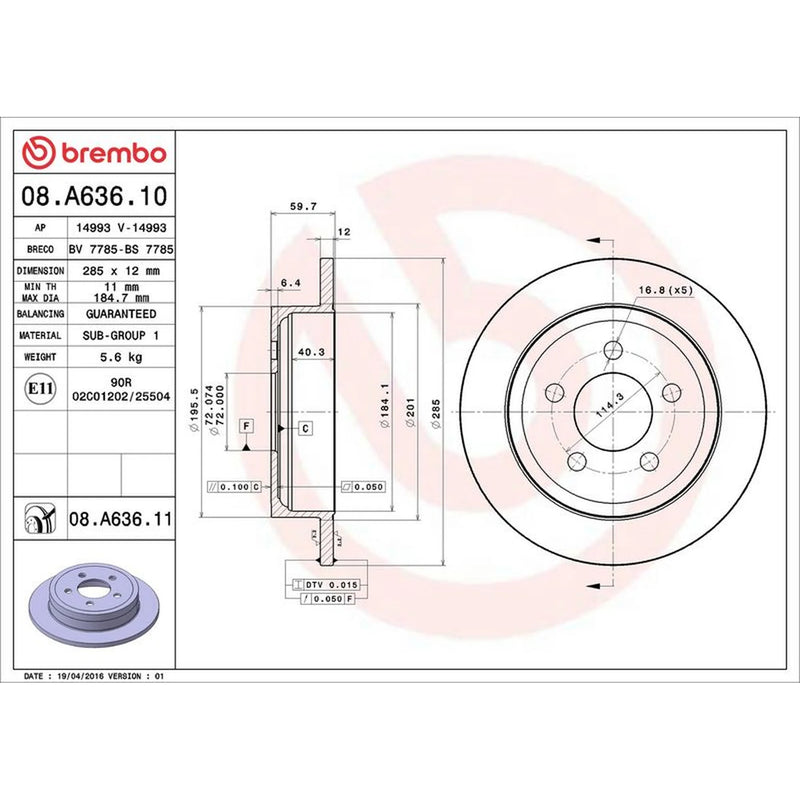Brembo 2 x Solid Rear Brake Discs 08.A636.11