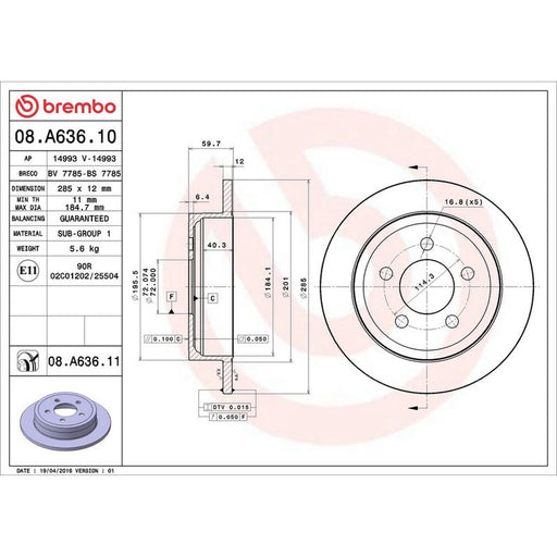 Brembo 2 x Solid Rear Brake Discs 08.A636.11