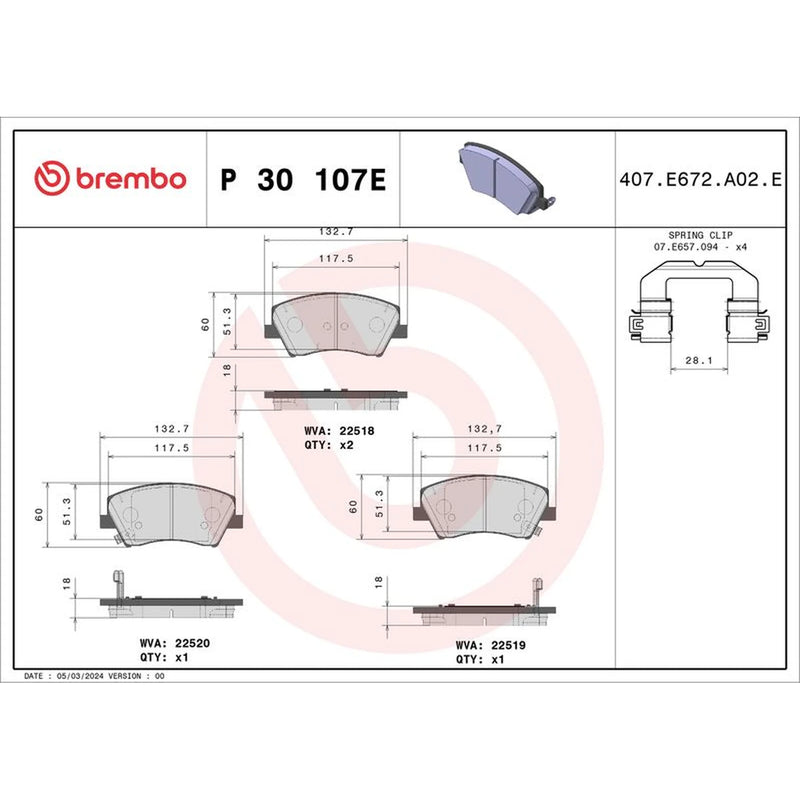 Brembo 4 x Front Brake Pad Set P30107E