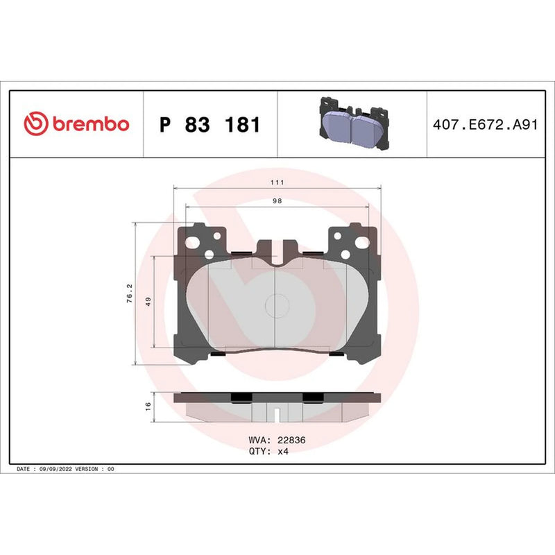Brembo 4 x Rear Brake Pad Set P83181