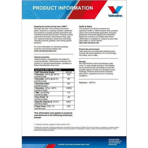 Valvoline SYNPOWER ENV C2 5W30 5L Mobil  - Town Parts