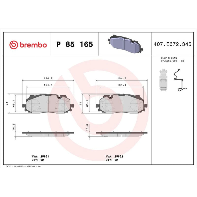 Brembo 4 x Front Brake Pad Set P85165