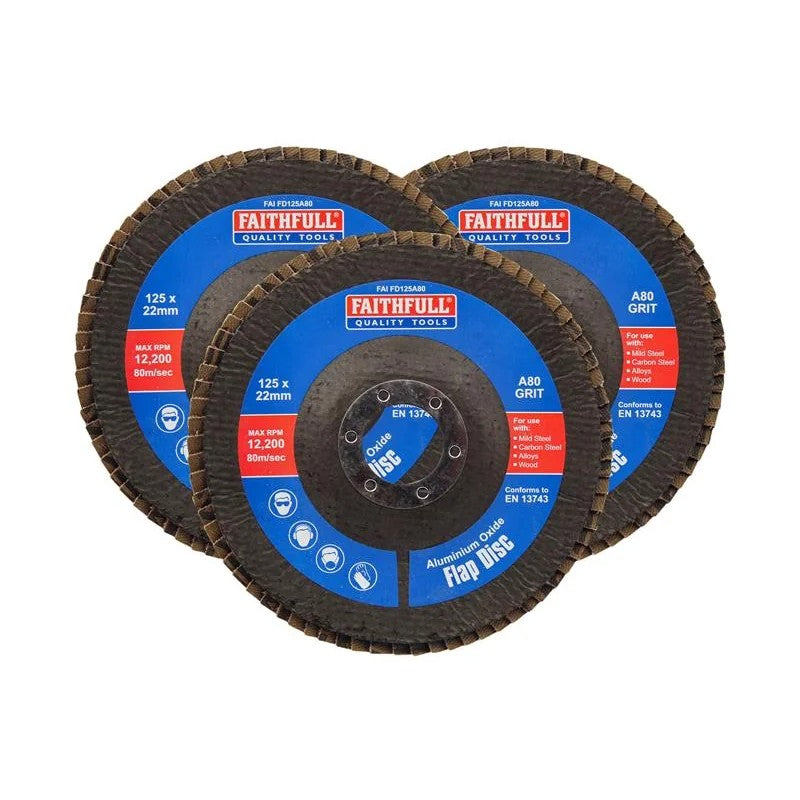 Faithfull Aluminium Oxide Flap Disc 125 x 22mm 80 Grit (3 Pack) - FAIFD12580A3