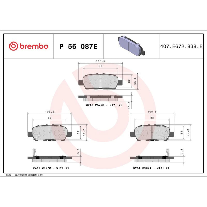 Brembo 4 x Rear Brake Pad Set P56087E