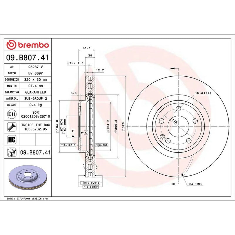 Brembo 2 x Internally Vented Front Brake Discs 09.B807.41