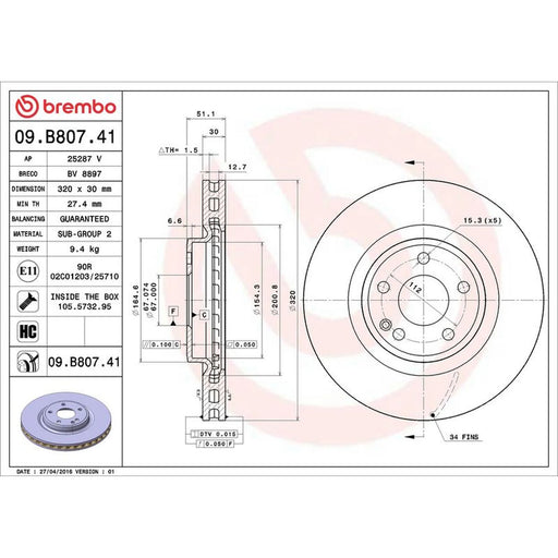 Brembo 2 x Internally Vented Front Brake Discs 09.B807.41