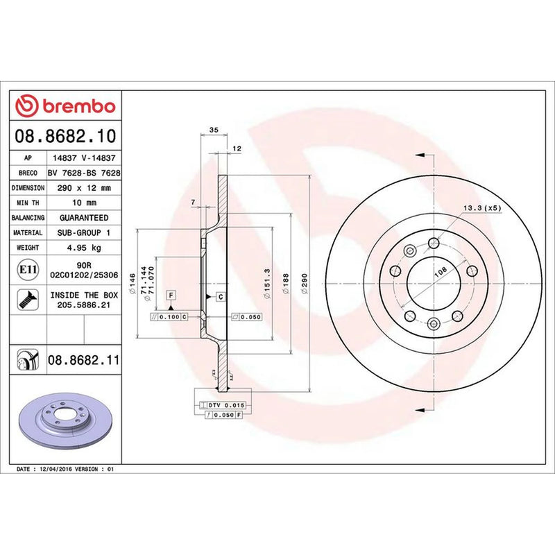 Brembo 2 x Rear Brake Discs 08.8682.11