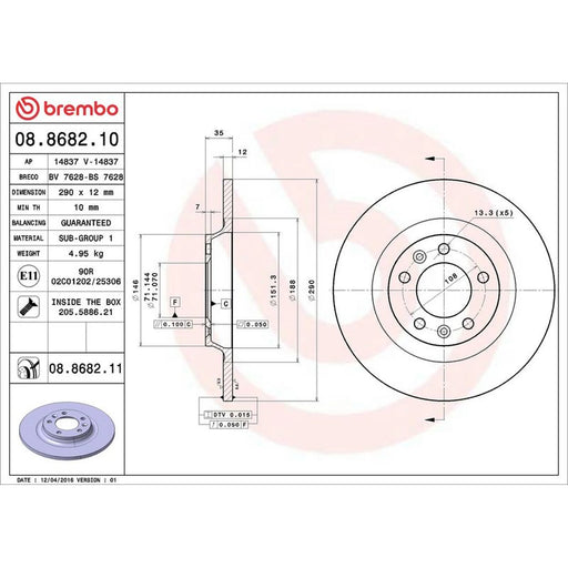 Brembo 2 x Rear Brake Discs 08.8682.11