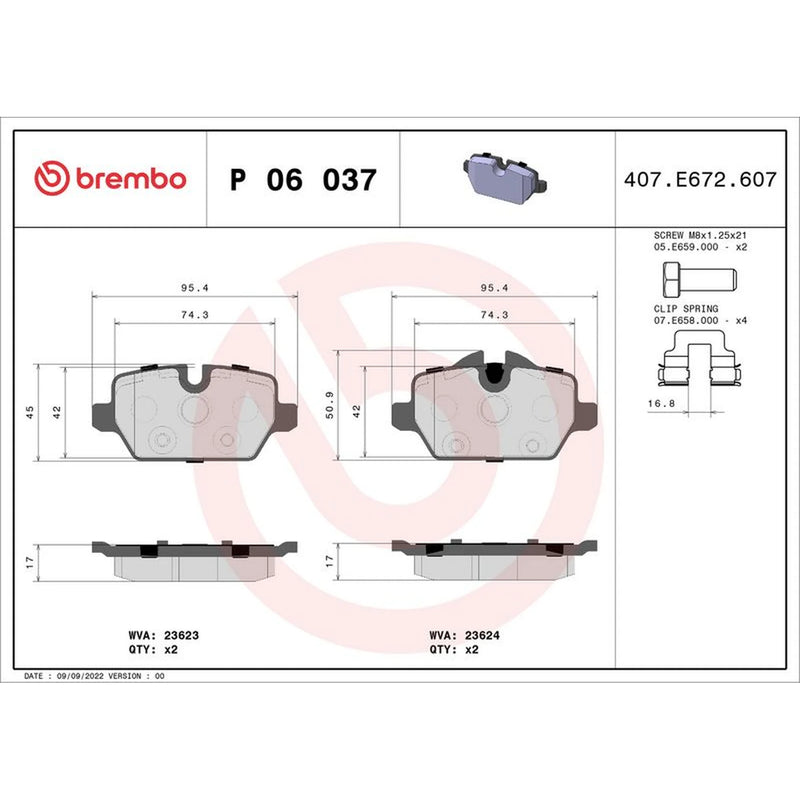 Brembo 4 x Rear Brake Pad Set P06037