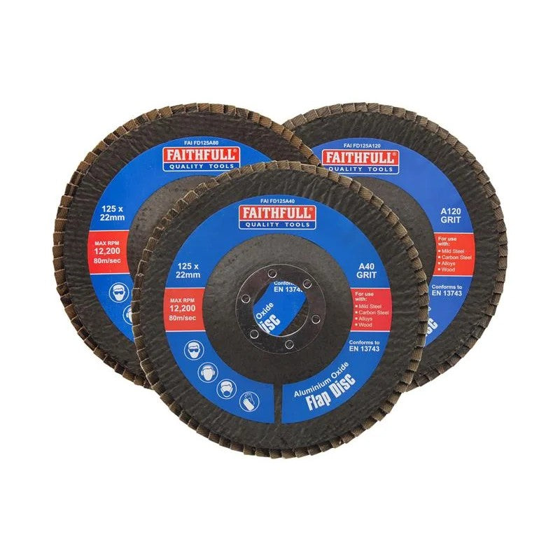 Faithfull Aluminium Oxide Flap Disc 125 x 22mm Mixed Grit (3 Pack) - FAIFD125AM3