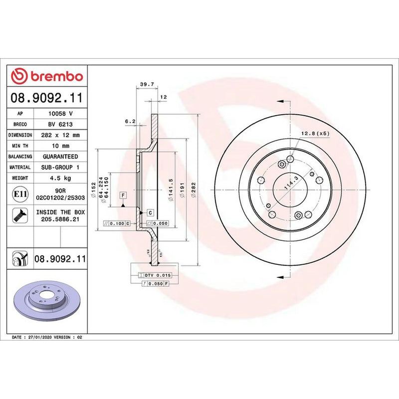 Brembo 2 x Solid Rear Brake Discs 08.9092.11