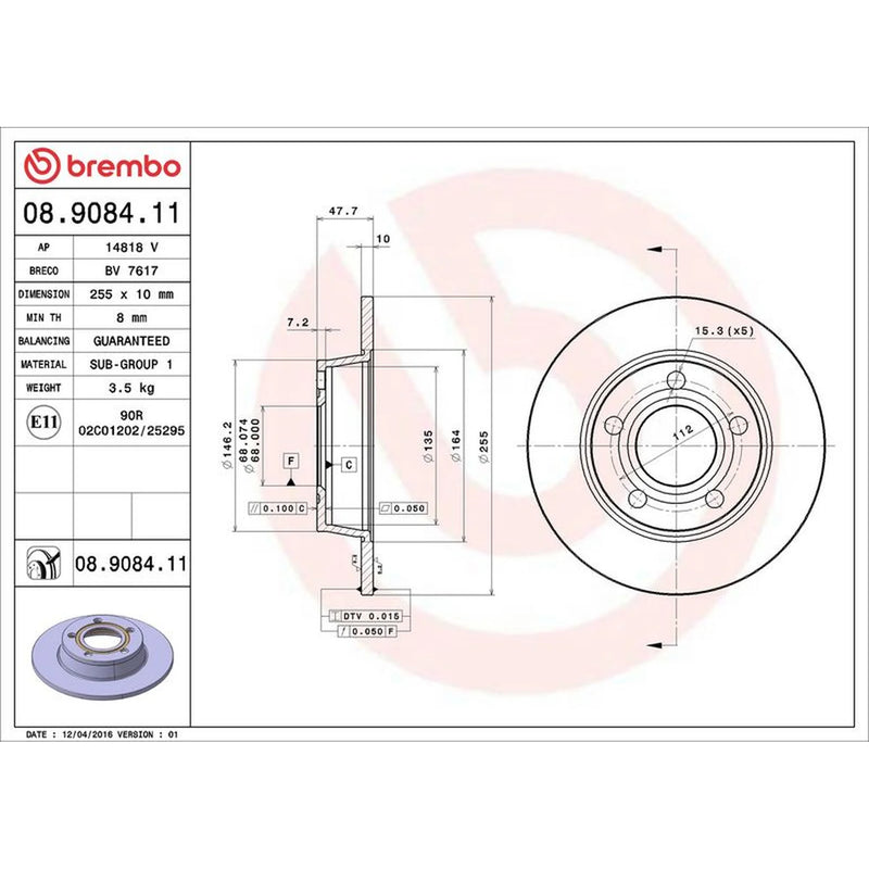 Brembo 2 x Solid Rear Brake Discs 08.9084.11