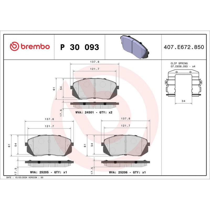 Brembo 4 x Front Brake Pad Set P30093