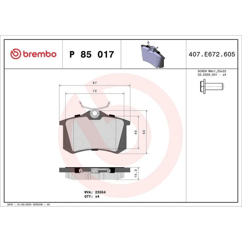 Brembo 4 x Rear Brake Pad Set P85017
