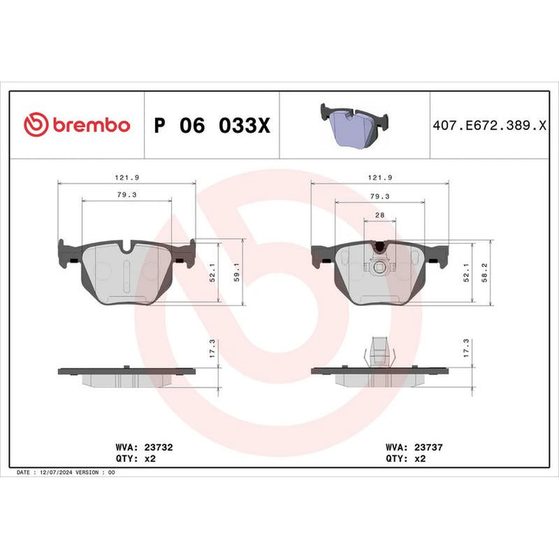 Brembo 4 x Rear Brake Pad Set P06033X