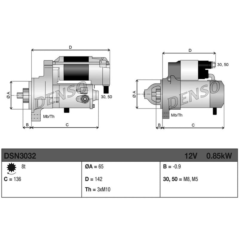 Denso Starter Motor 12V 0.85kW 8 Teeth DSN3032