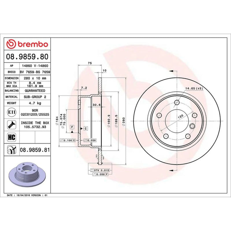 Brembo 2 x Solid Rear Brake Discs 08.9859.81
