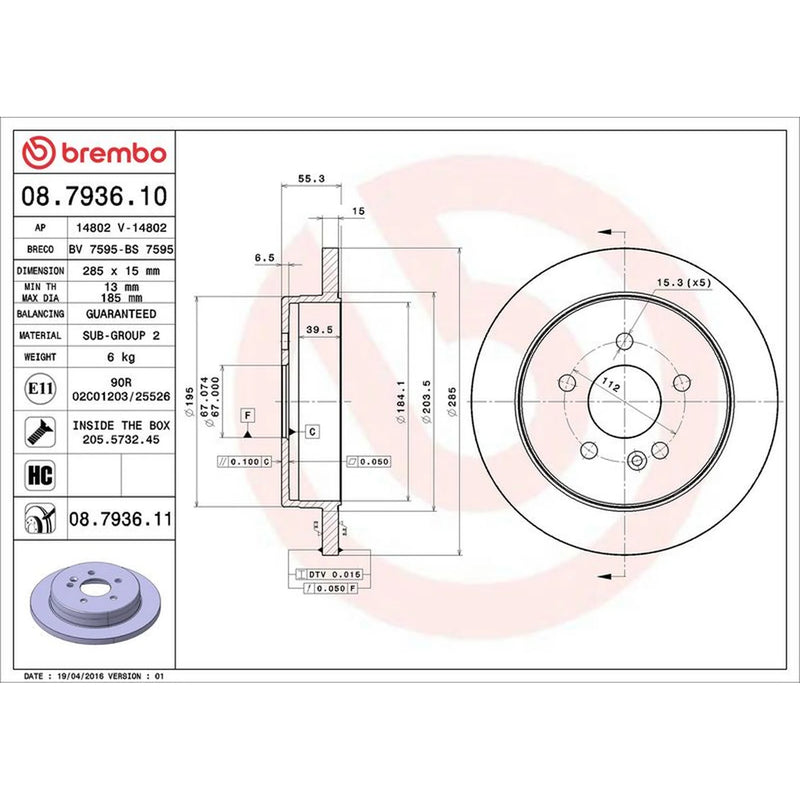 Brembo 2 x Solid Rear Brake Discs 08.7936.11