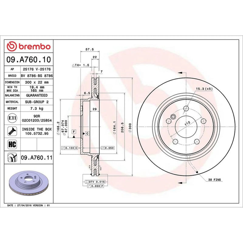 Brembo 2 x Internally Vented Rear Brake Discs 09.A760.11