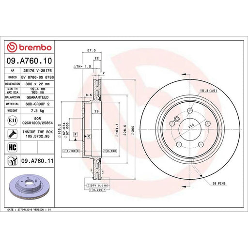 Brembo 2 x Internally Vented Rear Brake Discs 09.A760.11
