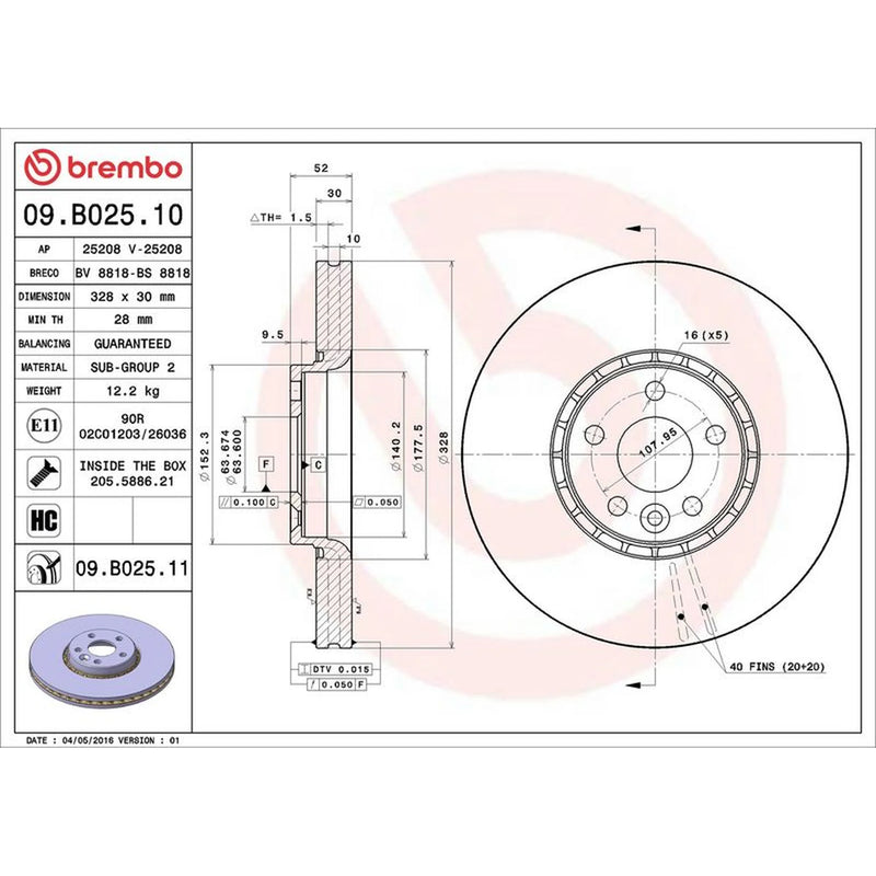 Brembo 2 x Internally Vented Front Brake Discs 09.B025.11