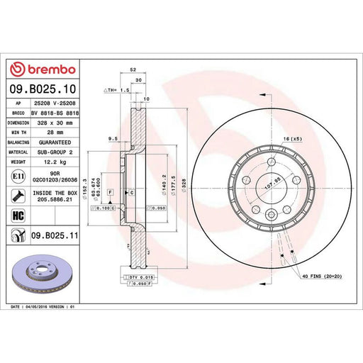 Brembo 2 x Internally Vented Front Brake Discs 09.B025.11