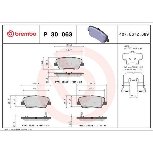 Brembo 4 x Rear Brake Pad Set P30063