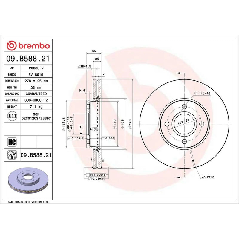 Brembo 2 x Internally Vented Front Brake Discs 09.B588.21