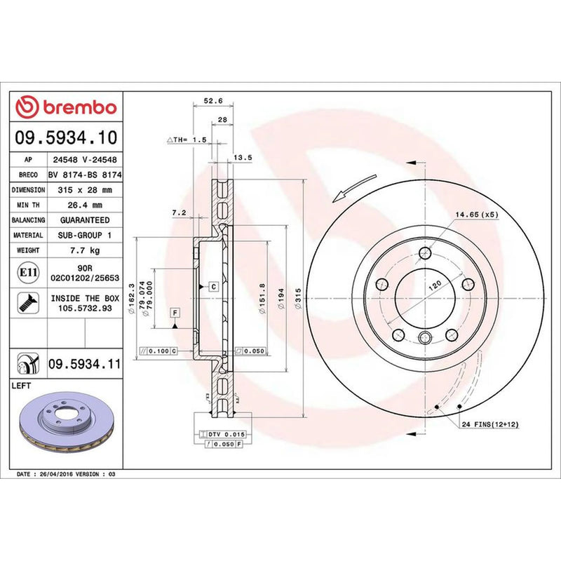 Brembo 2 x Internally Vented Front Brake Discs 09.5934.11