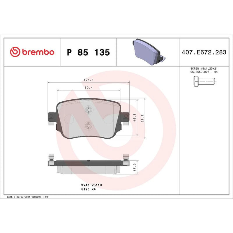 Brembo 4 x Rear Brake Pad Set P85135