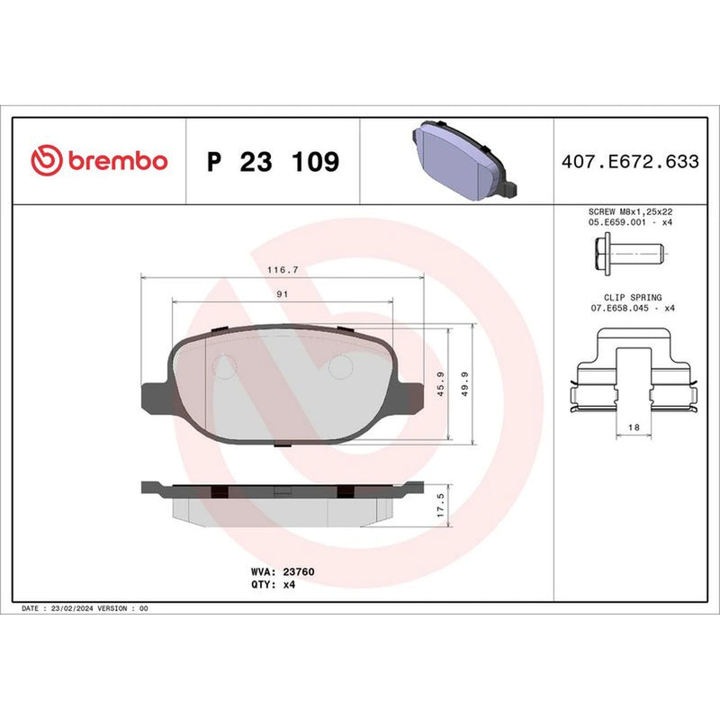Brembo 4 x Rear Brake Pad Set P23109