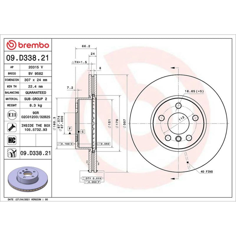 Brembo 2 x Internally Vented Front Brake Discs 09.D338.21