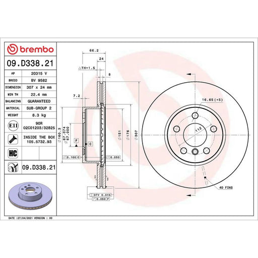 Brembo 2 x Internally Vented Front Brake Discs 09.D338.21