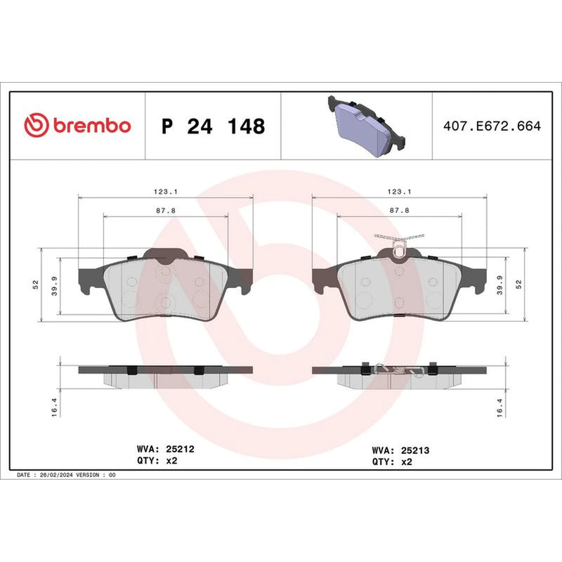 Brembo 4 x Rear Brake Pad Set P24148X