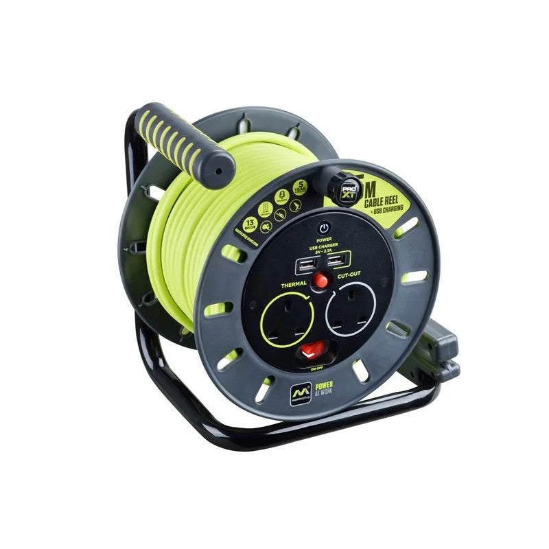 Masterplug PRO-XT Open Cable Reel 240V 13A 2-Socket & 2 USB (2.1A Shared) 25m