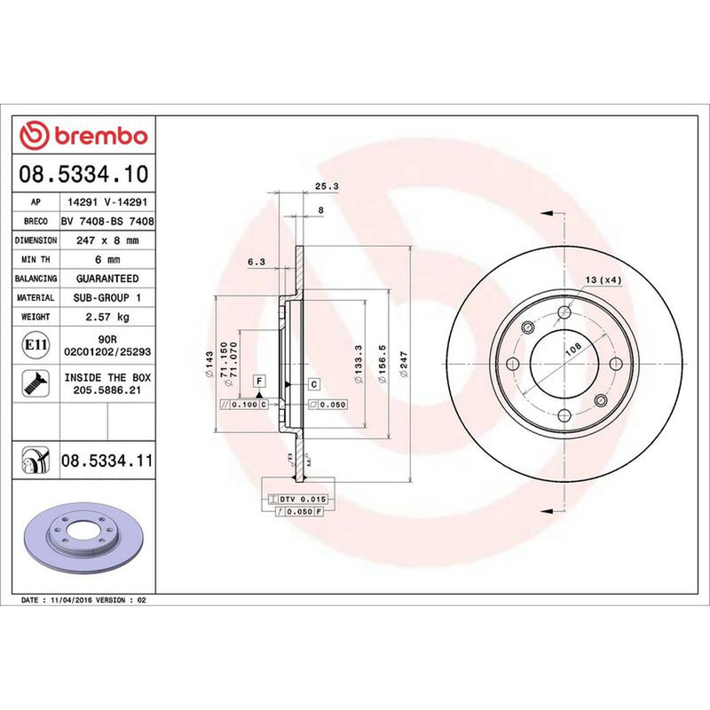Brembo 2 x Solid Rear Brake Discs 08.5334.11