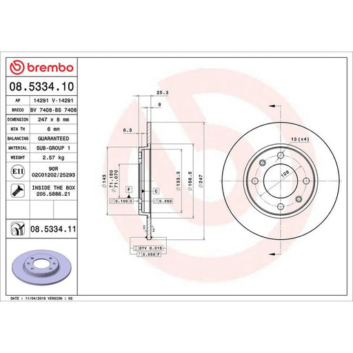 Brembo 2 x Solid Rear Brake Discs 08.5334.11