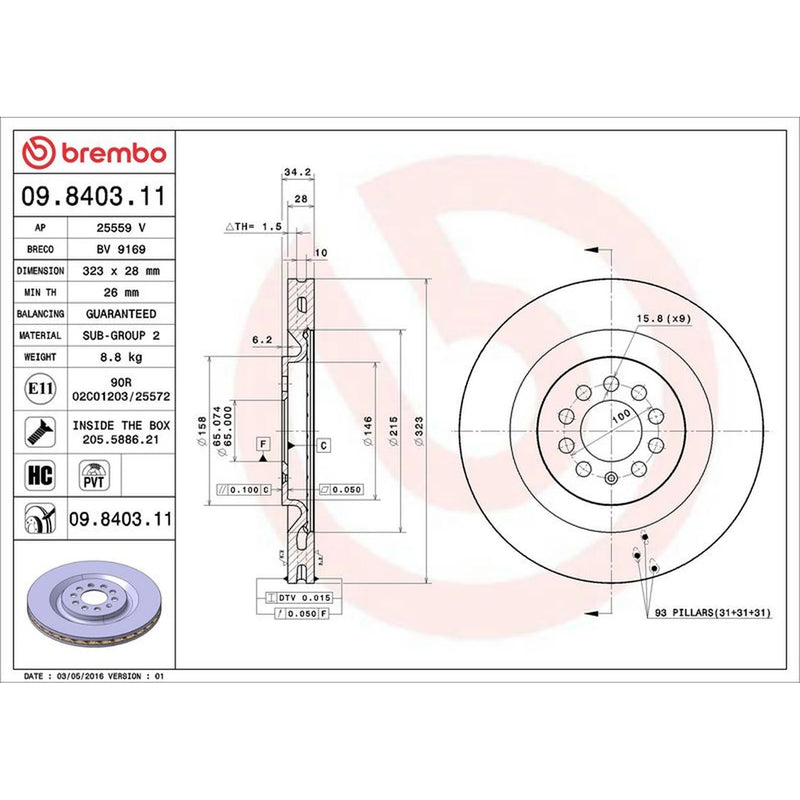 Brembo 2 x Internally Vented Front Brake Discs 09.8403.11