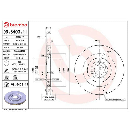 Brembo 2 x Internally Vented Front Brake Discs 09.8403.11