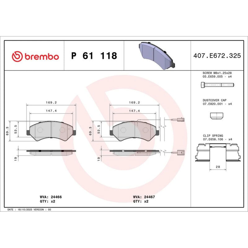 Brembo 4 x Front Brake Pad Set P61118