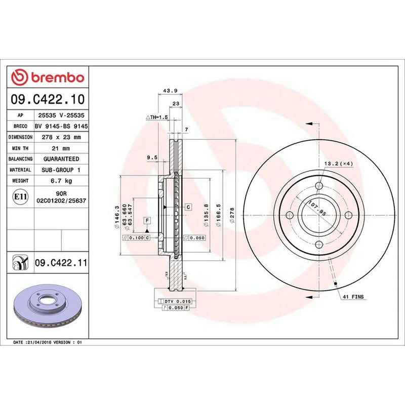 Brembo 2 x Front Brake Discs 09.C422.11