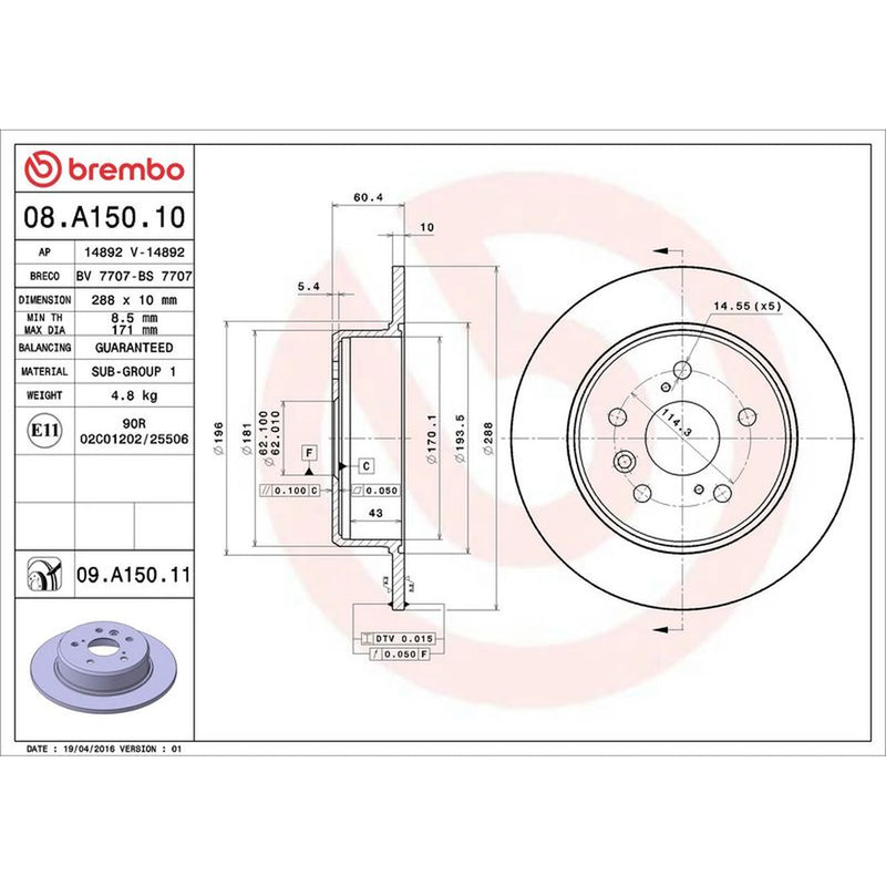 Brembo 2 x Solid Rear Brake Discs 08.A150.11