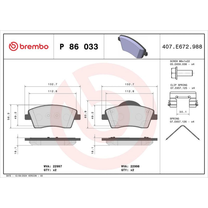 Brembo 4 x Front Brake Pad Set P86033