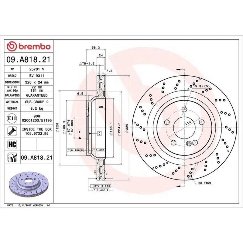 Brembo 2 x Perforated/Vented Rear Brake Discs 09.A818.21