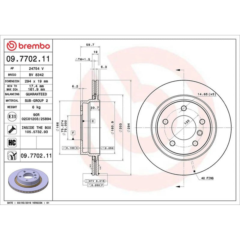 Brembo 2 x Internally Vented Rear Brake Discs 09.7702.11