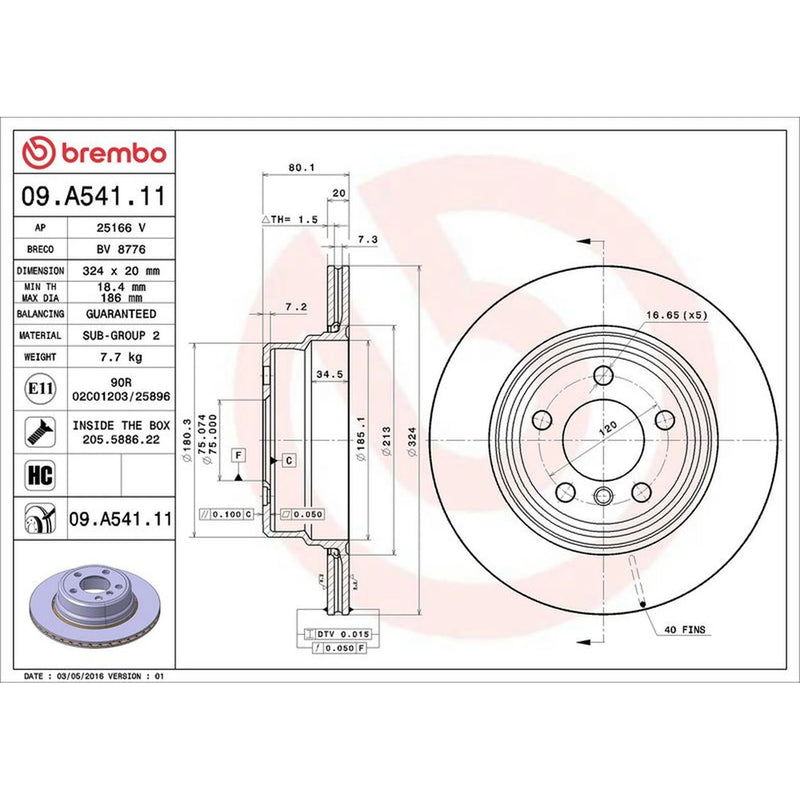 Brembo 2 x Internally Vented Rear Brake Discs 09.A541.11