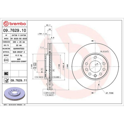 Brembo 2 x Internally Vented Front Brake Discs 09.7629.11