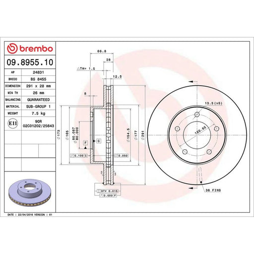 Brembo 2 x Internally Vented Front Brake Discs 09.8955.10