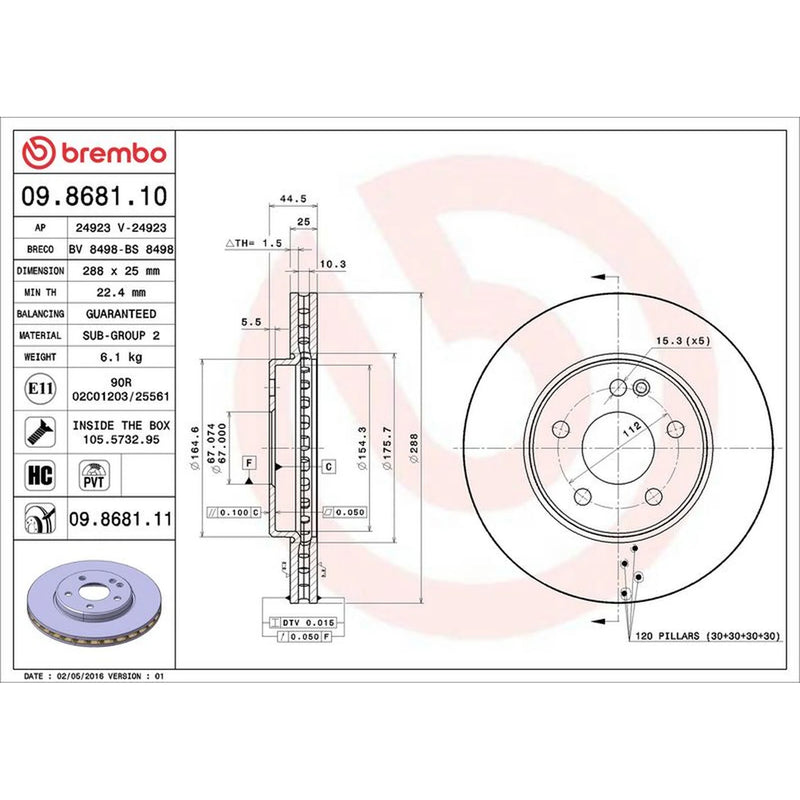 Brembo 2 x Internally Vented Front Brake Discs 09.8681.11